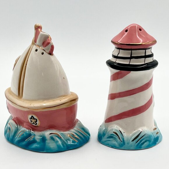 Salt and Pepper Shaker Blue Sky Clayworks Heather Goldminc‎ Lighthouse Sailboat - Picture 4 of 8